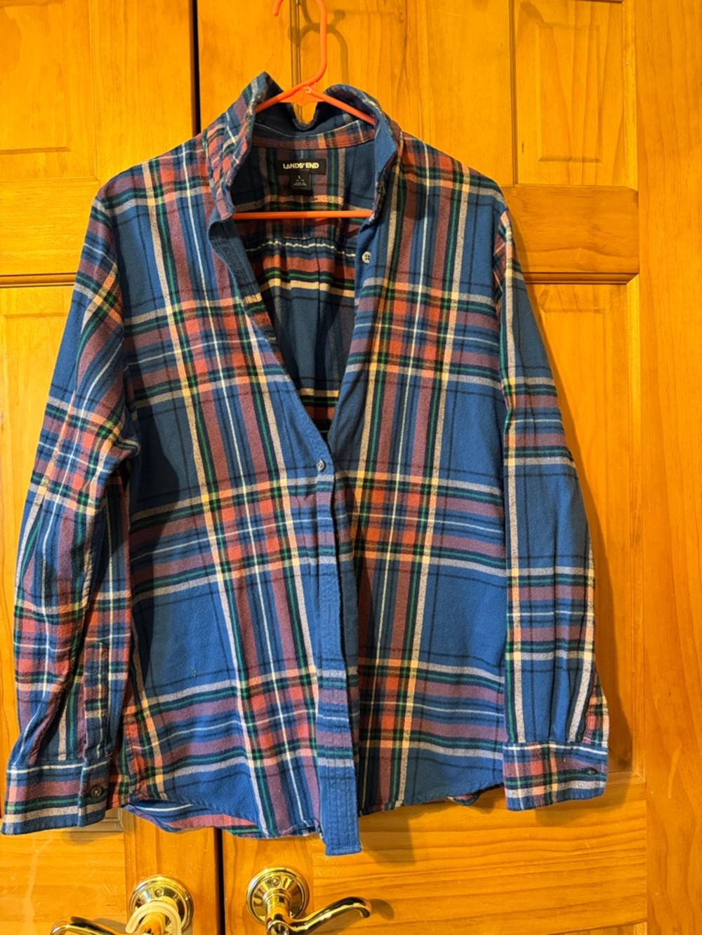 Lands' End Blue Plaid Flannel Shirt with Pink and Green Stripes